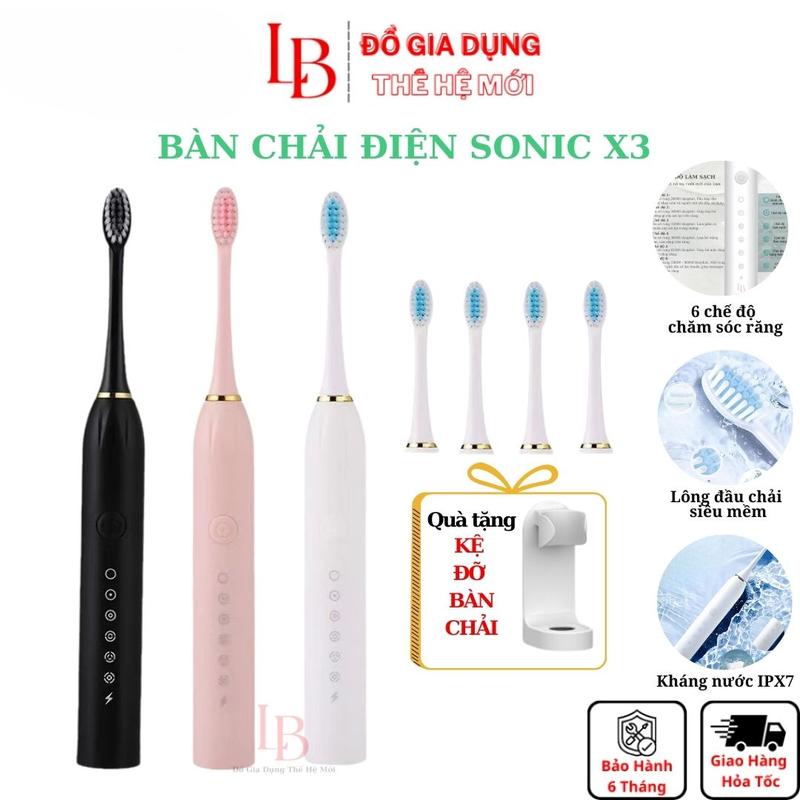 Bàn chải điện Sonic X3 dùng công nghệ rung sóng âm, bàn chải đánh răng kháng nước IPX7 thế hệ mới 2024 Silicon