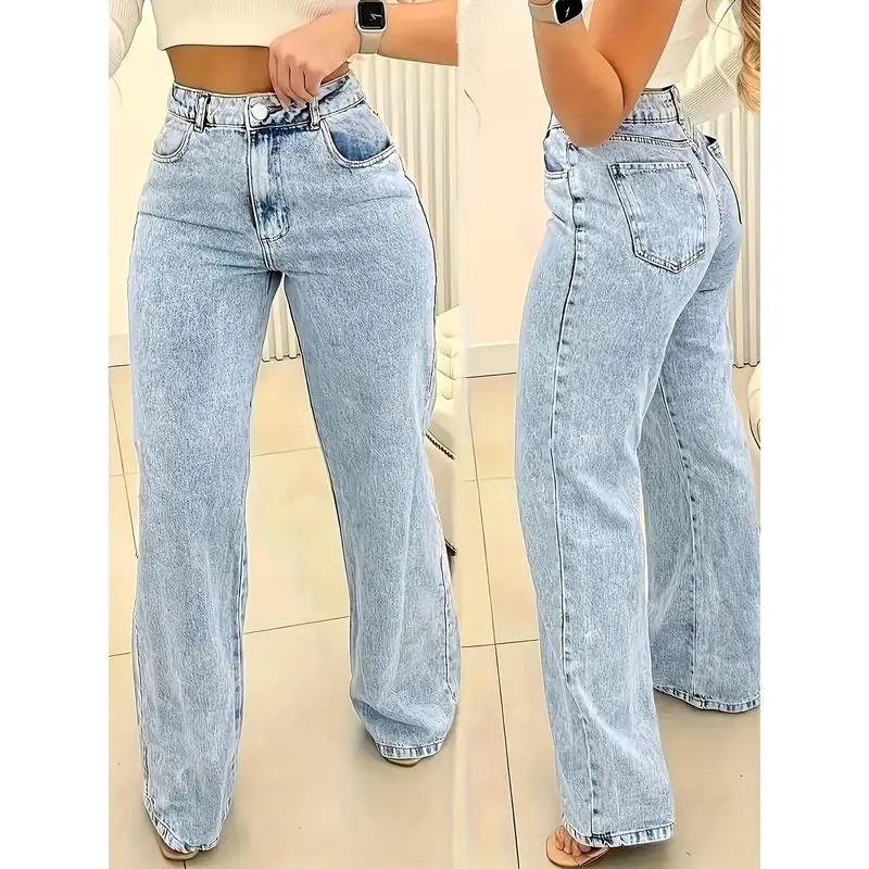 Ultra-Comfortable High-Waisted Stretchy Jeans for Women - Four-Season Cotton Polyester Blend Straight Leg Pants with Snowflake Pattern, Machine Washable, Breathable, and Soft Fabric for Everyday Wear 0