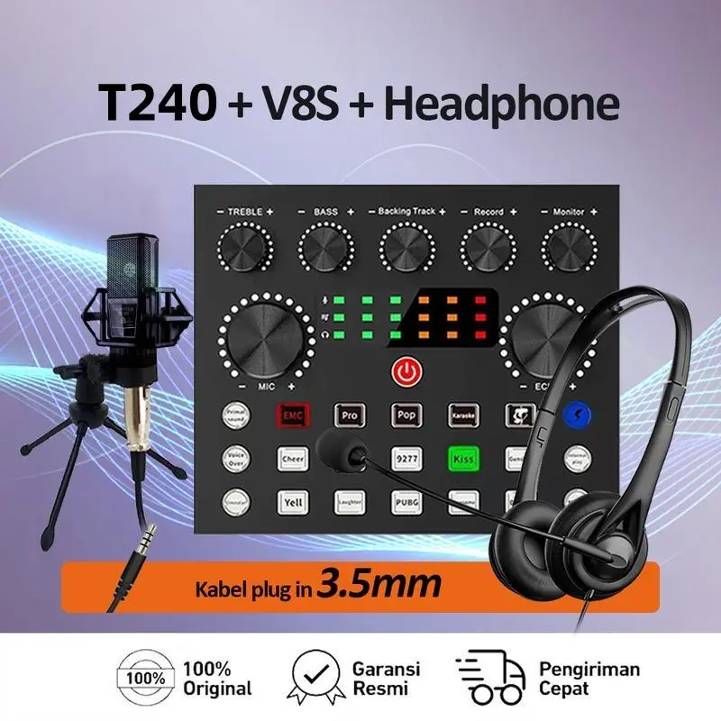 V8S+T240+Headphone Berkabel SoundCard set Bluetooth Audio Usb External - Sound Card Komputer Laptop Dua Satu Store 0