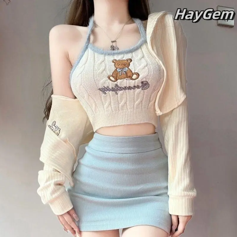 2024 Phong Cách Mới Dài Tay Top Sweet Hot Girl Váy Ngắn Slim-Fit Đáy Dệt Kim Áo Khoác Cardigan Phù Hợp Với Women Voi Jacket