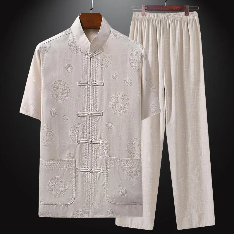 Bộ Đồ Mùa Hè, Phong Cách Trung Quốc, Cho Nam Trung Người Già Và Cao Tuổi, Chất Liệu Vải Lanh Và Cotton, ngắn Tay, Thích Hợp Cho Bố, Quần Áo Mỏng, Phong Cách Ông Già 1
