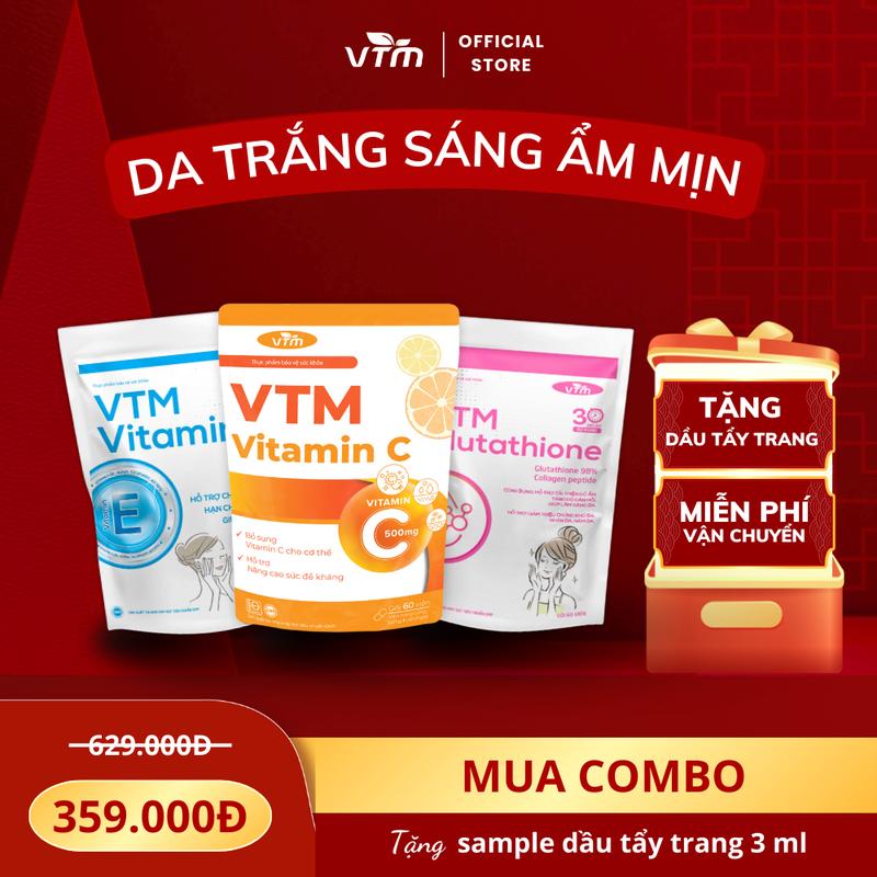 Combo Hỗ Trợ Dưỡng Trắng Cấp Ẩm Viên Uống VTM Vitamin E Và VTM Glutathion Và VTM Vitamin C