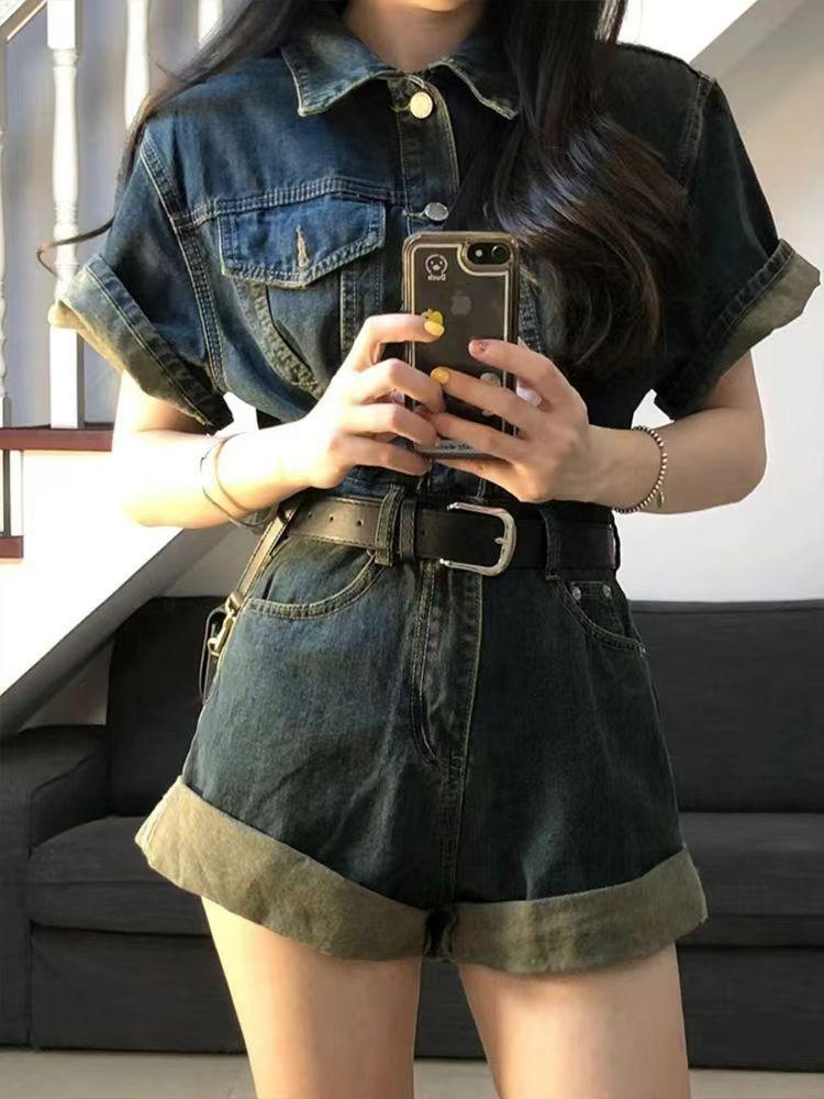 Product Introduction of Áo Jumpsuit Quần Denim Cổ Điển Mỹ Bộ Sưu Tập Người, Nữ Mùa Hè, Thiết Kế Mới, Bó Sát Eo, Bó Sát, Thời Trang, Bộ Đồ Ngắn Thường Ngày Một Mảnh, 4302 20
