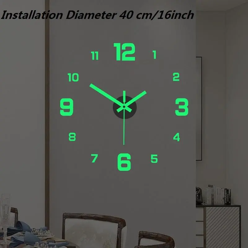 Jam dinding 3D bercahaya tanpa bingkai, pelekat dinding, jam senyap untuk rumah, ruang tamu, pejabat, hiasan dinding, hiasan bilik tidur Minimalis