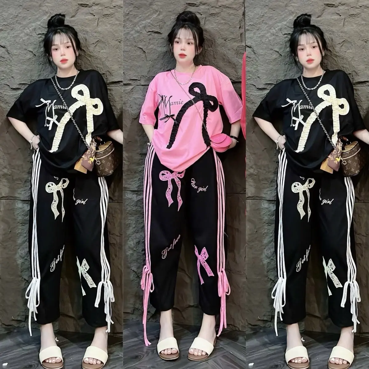 Sét Bộ Thun Áo Tay Ngắn Cổ Tròn Thêu Nơ To Kèm Quần Baggy Phối Ren Nơ Sọc Viền,Thun Cotton Co Giãn Phom Mặc Thoải Mái. Nữ Top Women Kem Voi