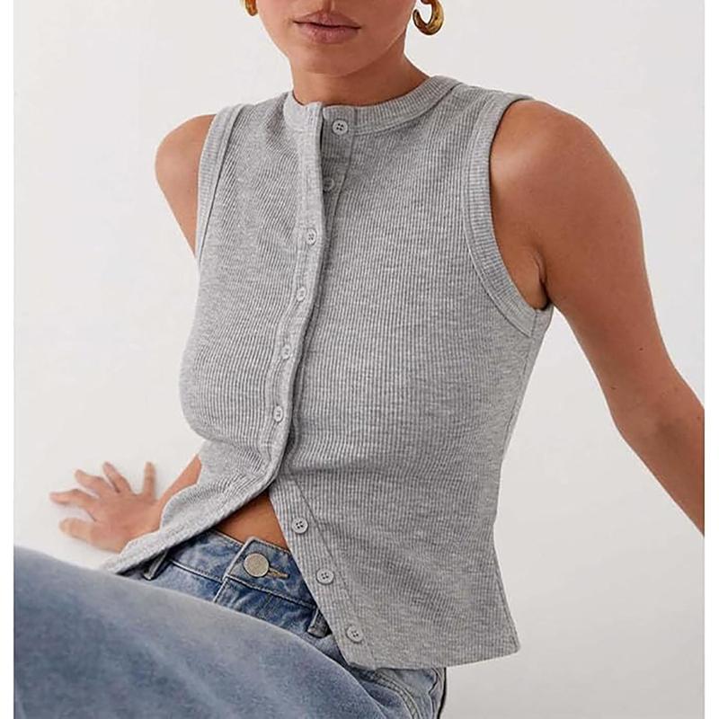 Women's Plain Button Front Ribbed Crop Tank Top, Casual Sleeveless Round Neck Top for Daily Wear, Ladies Clothes for All Seasons, Women's Tops tilly part tube 1