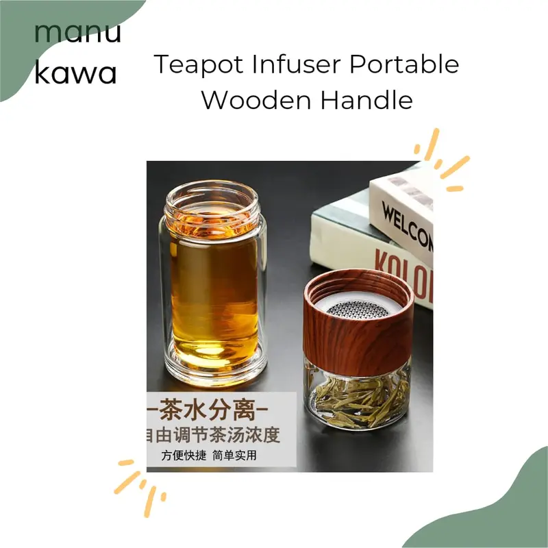 Botol Minum Penyaring Teh Double Wall / Tea Pot Travel Teapot Aesthetic / Teapot Infuser Wooden Handle 2