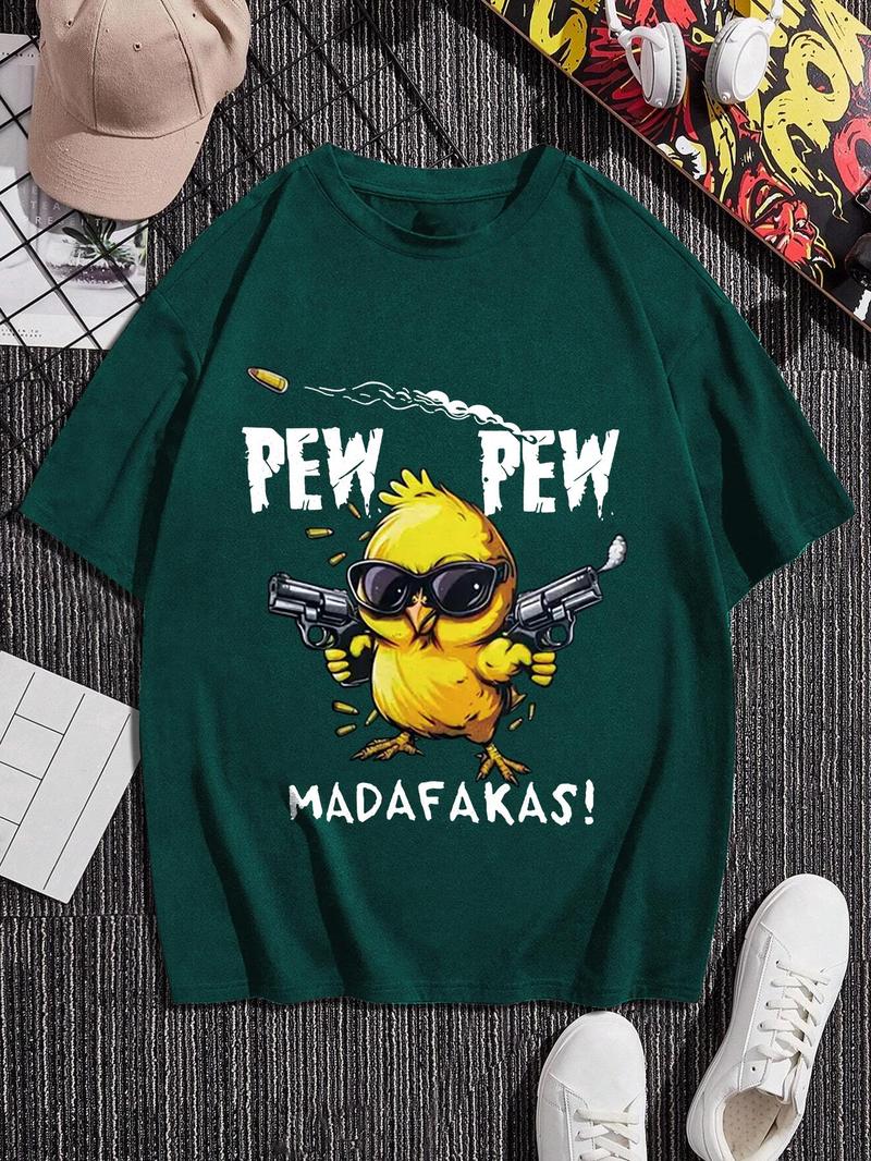 Product Introduction of Men's Cartoon Chicken & Letter Print Round Neck Tee, Regular Fit Casual Short Sleeve T-shirt for Summer, Men's Top for Daily Wear 2