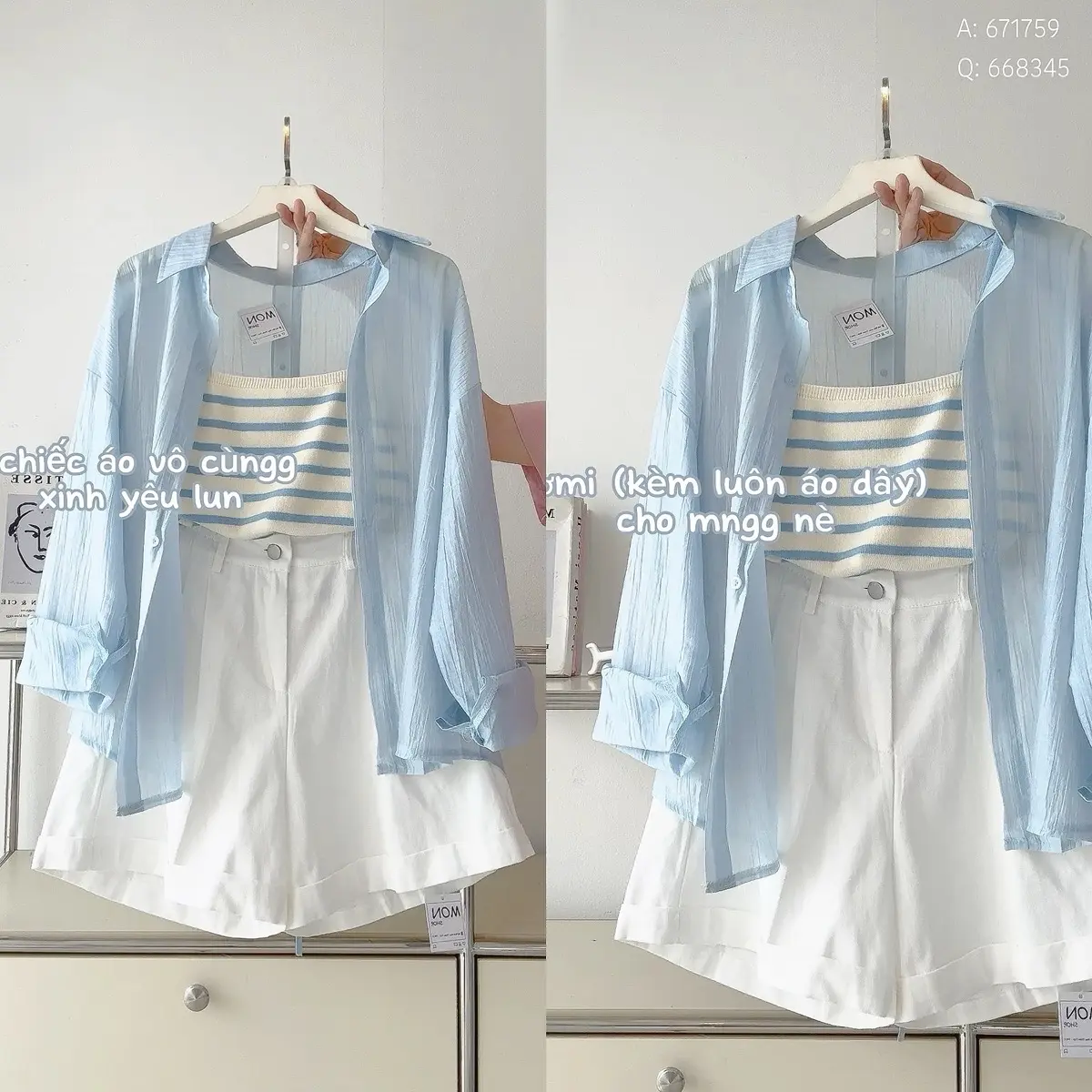 ( KHÔNG BAO GỒM QUẦN SHORT ) Set áo sơmi đũi thắt nơ lưng và áo dây sọc thích hợp dạo phố, đi biển