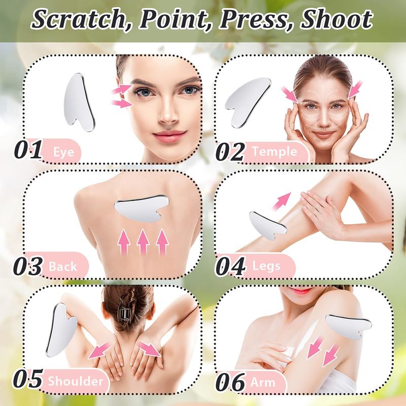 Product Introduction of Stainless Steel Scraping Facial Tool Scraping Facial Metal Scraping Firming Massage Scraping Beauty Tool Body Eye Neck Massager with Travel Bag Skin Care Gift (Silver) 4