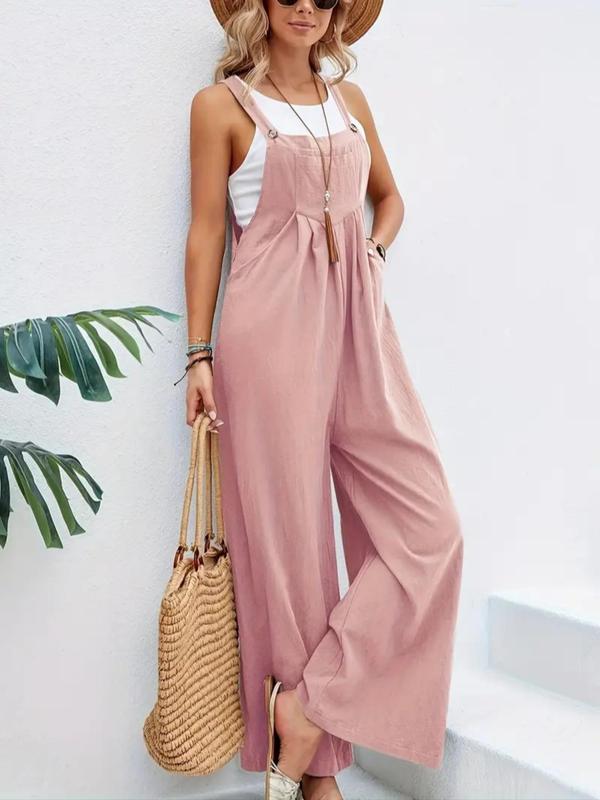 Women's Plain Plicated Button Wide Leg Overall Jumpsuit without Tank Top, Casual Square Neck Sleeveless Pocket Overall Jumpsuit for Summer, Jumpsuit for Women, Playsuit for Women, Summer Outfits 2024 0