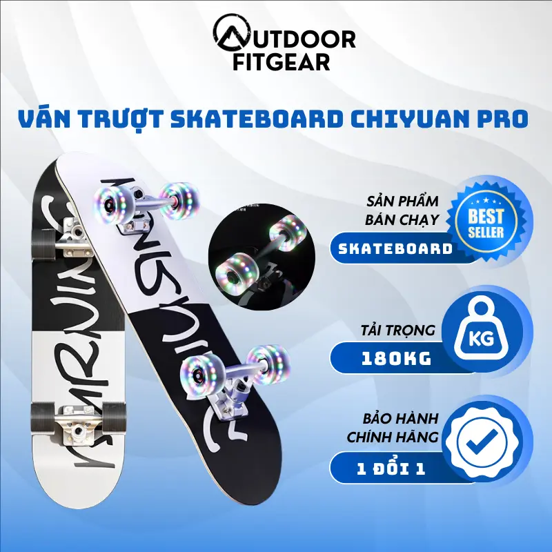 Ván trượt người lớn SKATEBOARD Chiyuan mặt nhám gỗ ép 11 lớp bánh xe phát sáng