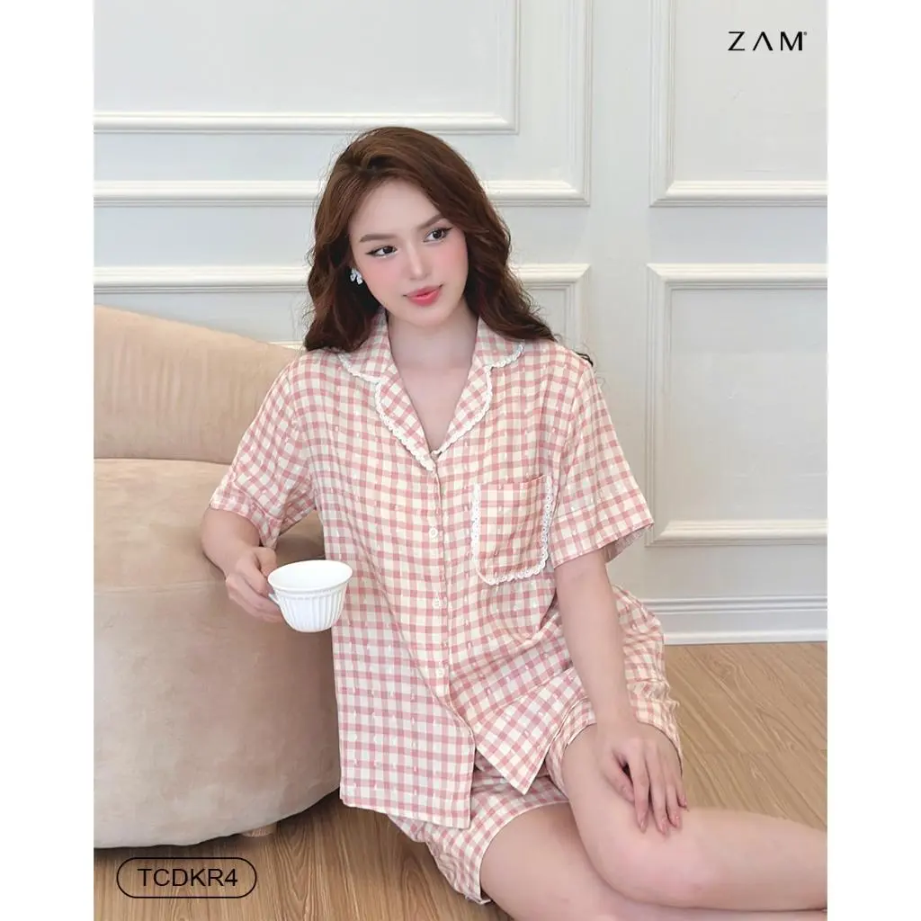BỘ MẶC NHÀ SHE BY ZAM - TCDKR - BỘ NGẮN TAY QUẦN ĐÙI KẺ VISCOSE PHỐI REN