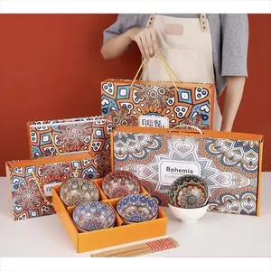 CLAIYDREAM Mangkok Set Premium Keramik Peralatan Makan Porselen Souvenir 4 Set Free Sumpit Bunga Hampers Kado