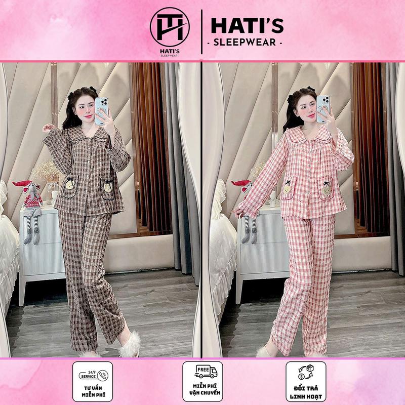 Set đồ bộ kẻ 2 túi gấu dài tay chất đũi cho nữ nhẹ thoáng ( Kiểu 1 ) Đồ ngủ / Pijama