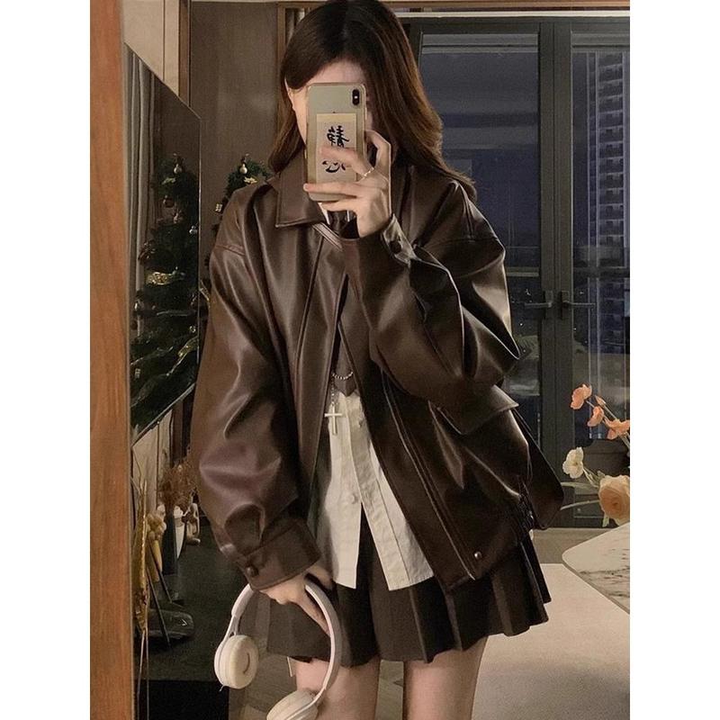 Retro Street Maillard PU Leather Color Rivet Coat