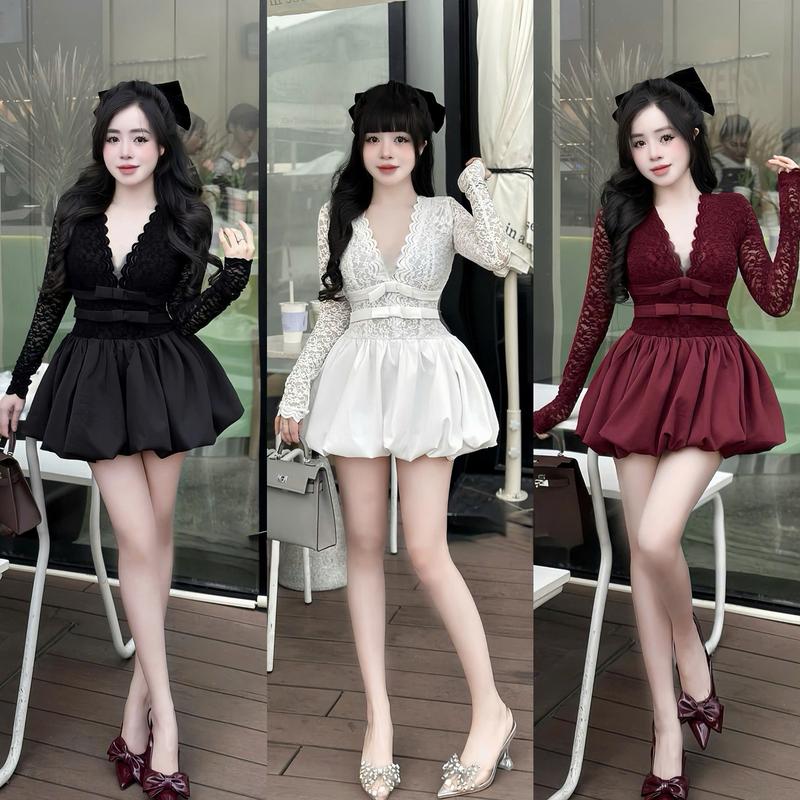 váy nữ dự tiệc len ren 2 lớp cổ chữ V đính nơ tay dài phối tùng bí phồng Kèm Quần Rời sang chảnh dành cho các nàng diện đi tiệc đi chơi