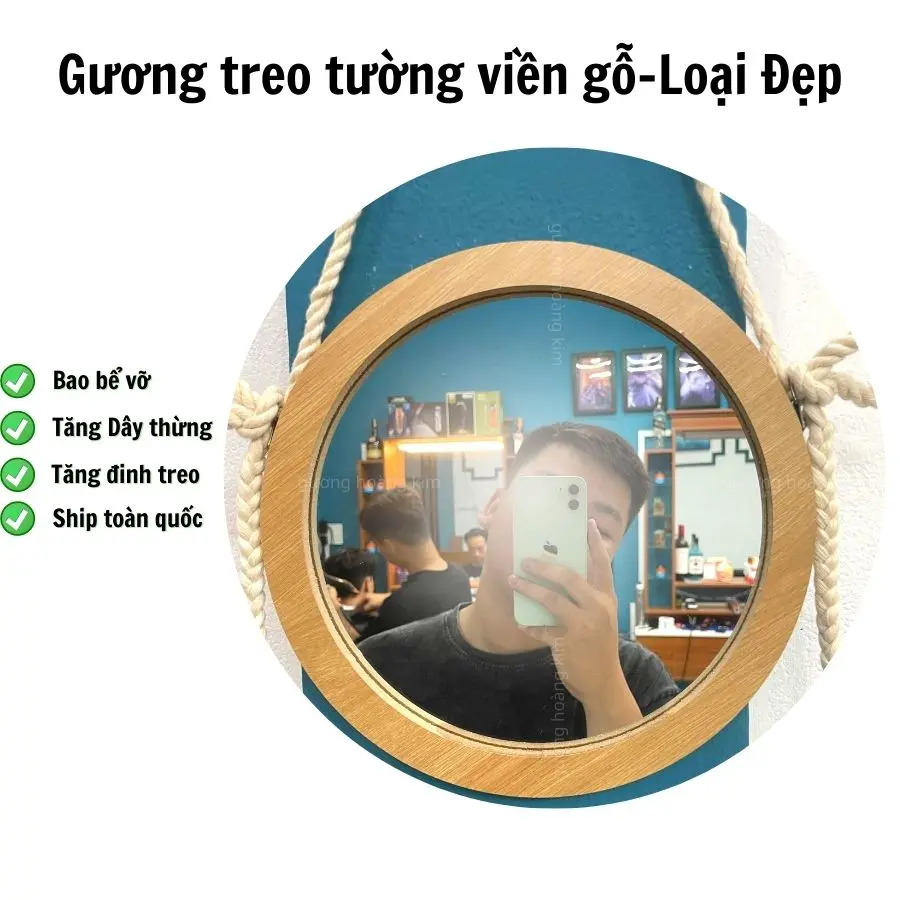 Gương tròn viền gỗ size 30cm Decor Phòng , gương decor bàn trang điểm Trang Trí Nhà , gương treo tường giá rẻ, tặng dây thừng và đinh treo không khoan tường.