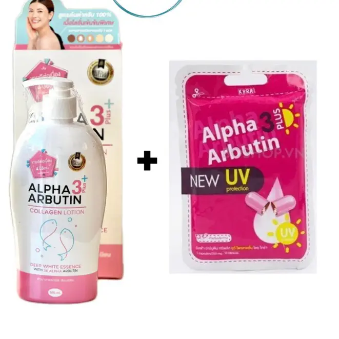 Combo Sữa dưỡng trắng da + Viên Kích Trắng Alpha Arbutin Collagen Collagen Lotion 3+ Plus 500ml