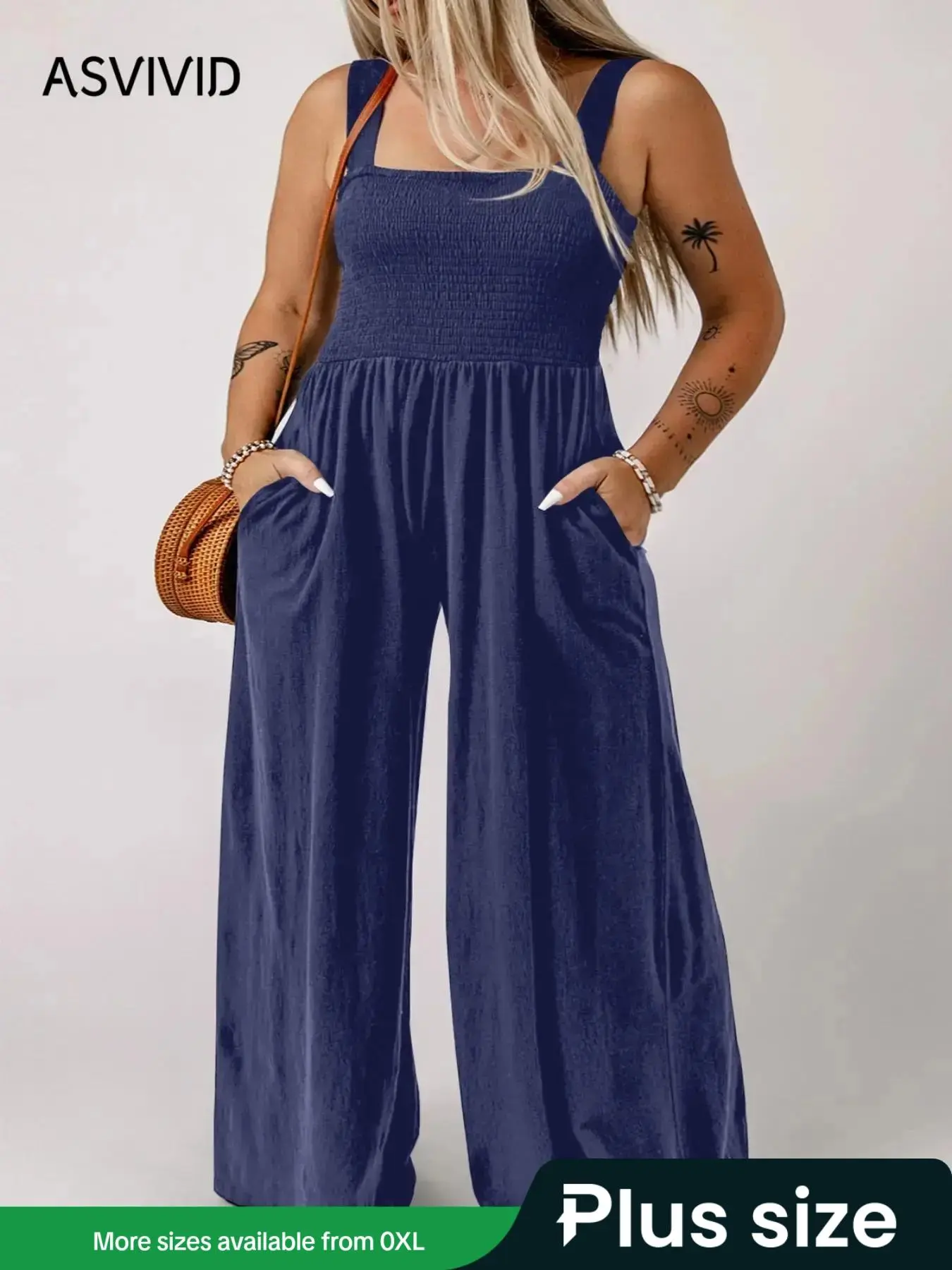【Plus Size】Solid Color Wide Leg Jumpsuit, Casual Comfy Jumpsuit for Daily Wear, Women's Plus Clothing for Summer
