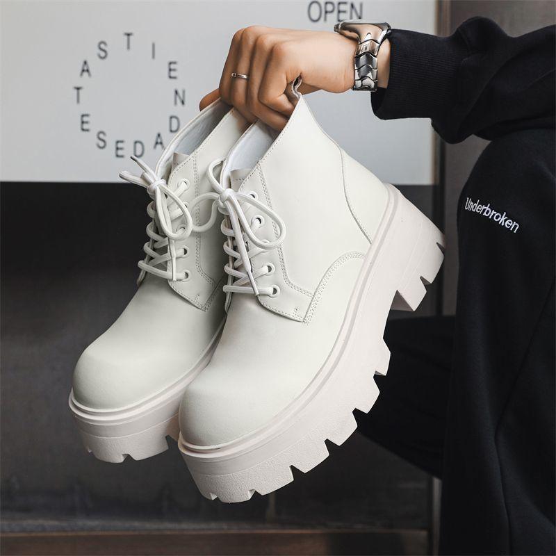 Giày boot Martin, Phong Cách PARIS, Da Thật Của Nam Giới, Phong Cách Đường Phố Cao Cấp, Ngón Chân To, Cổ Giữa, Đế Dày, Tăng Chiều Cao, Giày Của Người Hâm Mộ Anh, Giày Bốt Xe Hơi 4