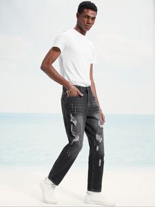 Men's Regular Fit Solid Color Ripped Jeans, Casual Comfy Denim Pants for Daily Wear, Fashion Men's Bottoms for All Seasons, Cotton