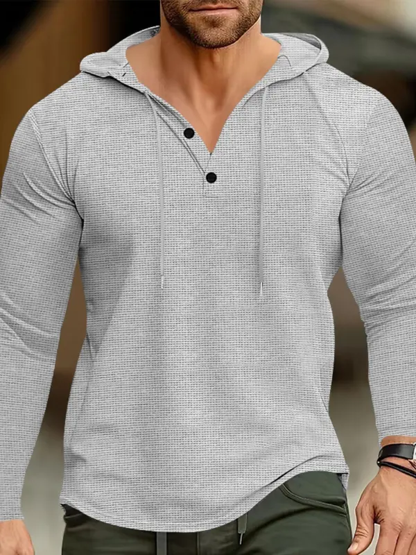 Men's Regular Fit Solid Button Front Hoodie, Casual Long Sleeve Drawstring Hooded Sweatshirt for Fall & Winter, Men's Clothes for Daily Wear 2