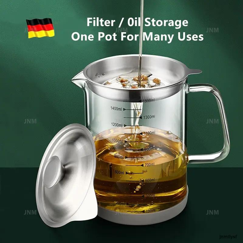 [SG stock] 1500ml Transparent Glass Oil Filter Pot with Scale Oil Bottle Kitchen Oil Separator Glass Oil Storage Jug Kitchen Tools