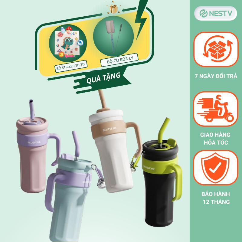 Ly giữ nhiệt cao cấp inox 316 Believe Me 1250ml, cốc giữ nhiệt có ống hút NestV tặng kèm sticker 2D, 3D, cọ rửa bình