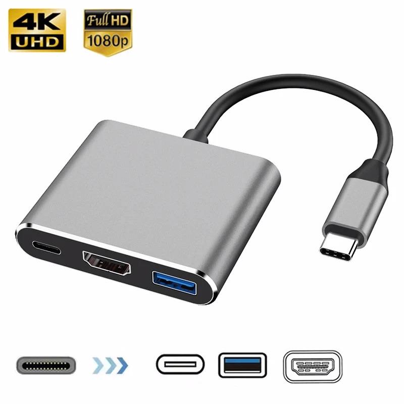 Hub USB‑C 3 trong 1 (OTG), đầu nối nam–nữ, tương thích HDMI, hỗ trợ 4K, USB 3.1 Type‑C → USB 3.0, sạc PD, trạm docking USB‑C, mở rộng màn hình, bộ chuyển đổi HDTV, dành cho Macbook, laptop, điện thoại, ipad, máy tính bảng, Switch