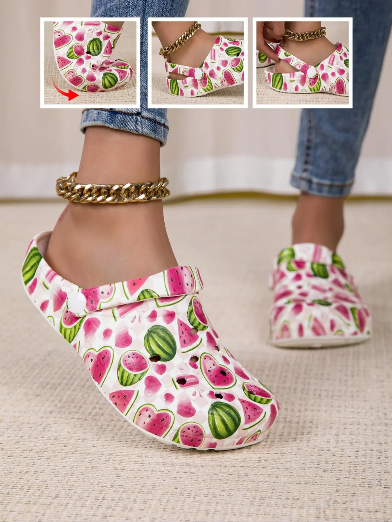 Women's Watermelon Print Slip on Beach Sandals, Casual Comfortable Non-slip Sandals for Beach, Fashionable Slippers for Indoor & Outdoor Wear, Walking Shoes