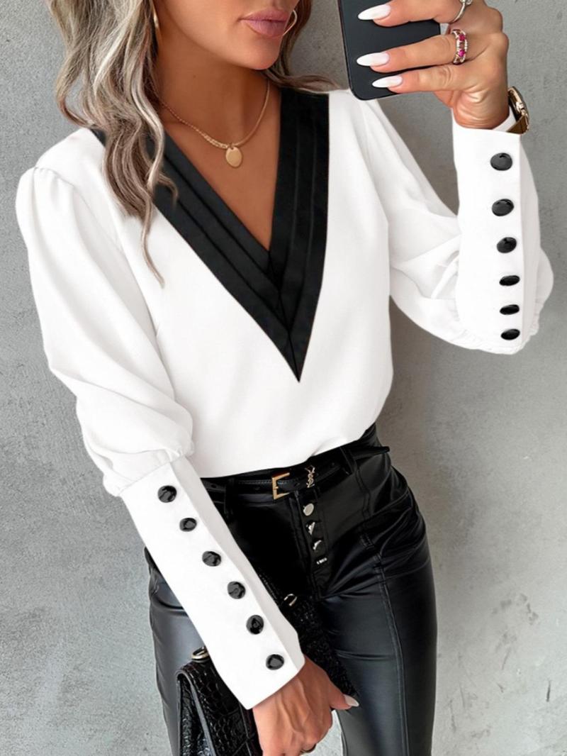 Product Introduction of Women's Patchwork Print Button Leg-of-mutton Sleeve Blouse, Elegant V Neck Long Sleeve Top for Work Office Business, Ladies Clothes for All Seasons， Going Out Tops 11