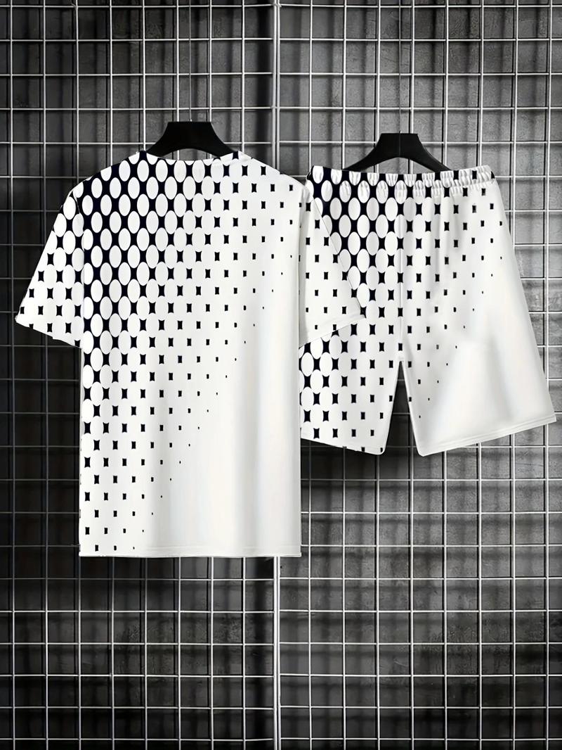 Product Introduction of Two Counts Men's Geometric Print Drawstring Shorts Set, Short Sleeve T-shirt & Pocket Shorts, Casual Spring & Fall Clothes for Men 8