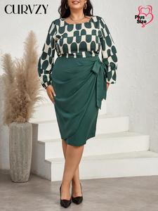 CURVZY Plus Size Knot Side Dress, Elegant Fashion Casual Long Sleeve Round Neck Dress for Daily Outdoor Wear, Women Plus Clothing for Spring & Fall