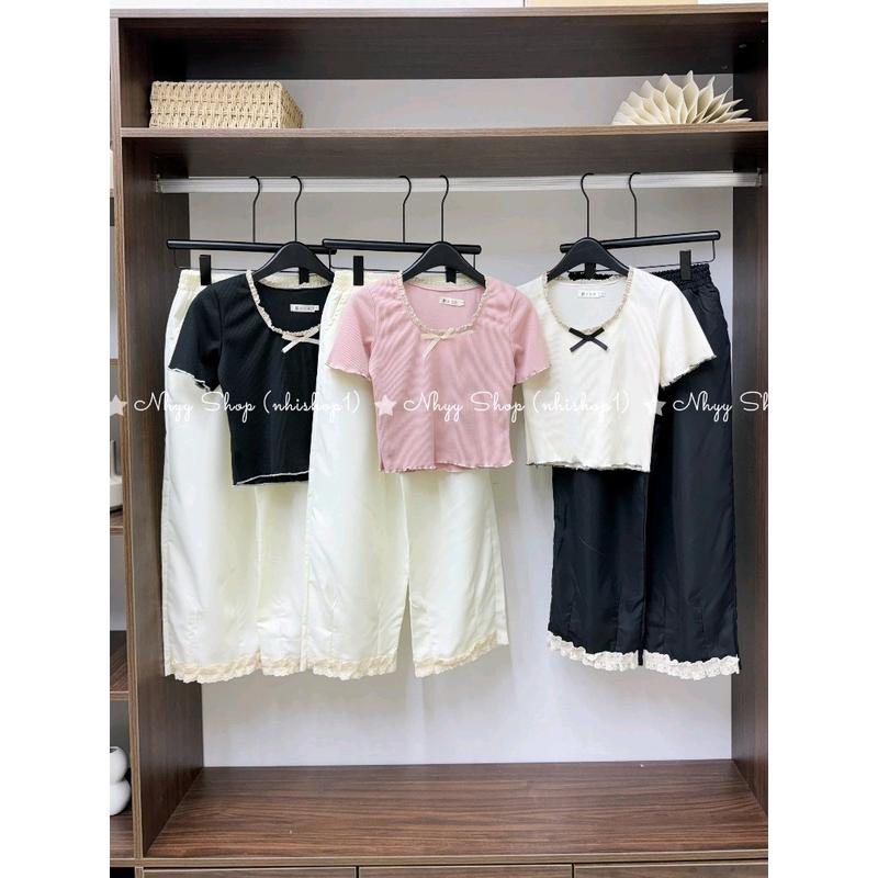 Bigsize 60-90kg Set bộ áo thun gân tăm form ngắn đính nơ phối ren+ quần đũi suông ống rộng phối ren cho nữ, Bộ đồ áo ôm thun tăm gân cổ tròn + quần dài ống rộng phối ren lưng thun- Nhyy Shop 8