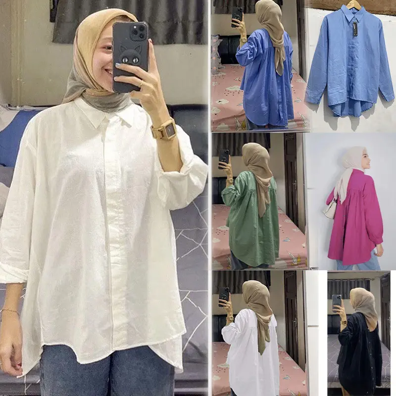 New Korean Blouse Women Ironless Baggy Blouse Buttons Muslimah Blouse Plus Size Loose Shirt