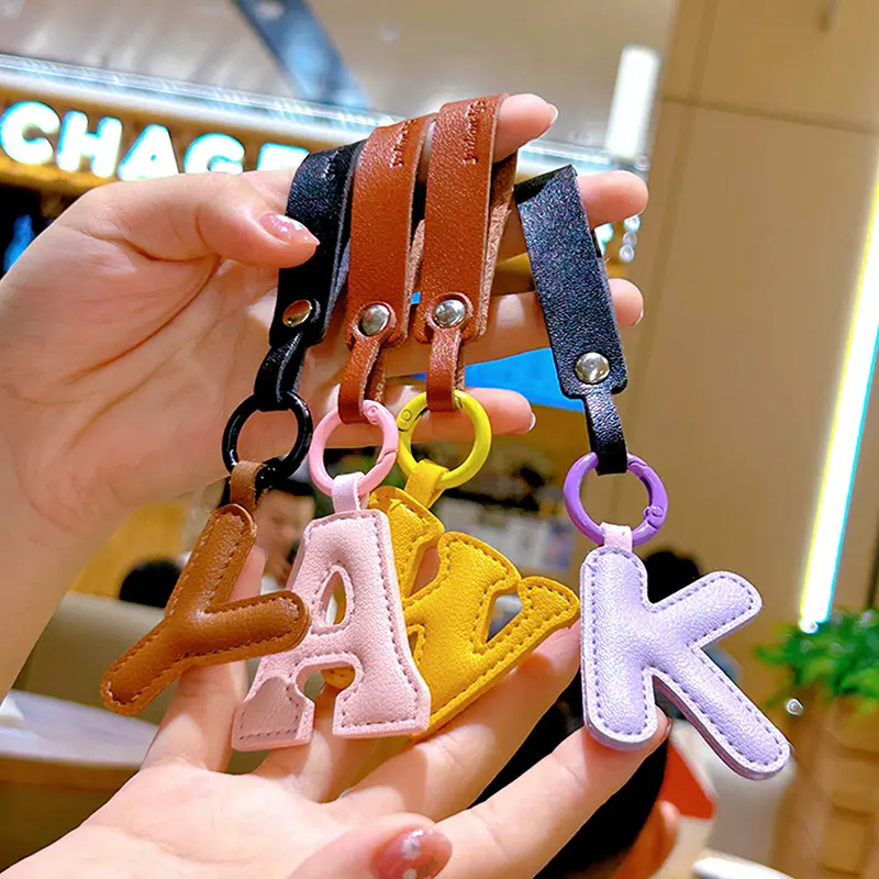 A To Z PU Leather Initial Letter Keychain For Women Candy Color Simple Fashion Bag Phone Pendant Car Key Ring  Gifts