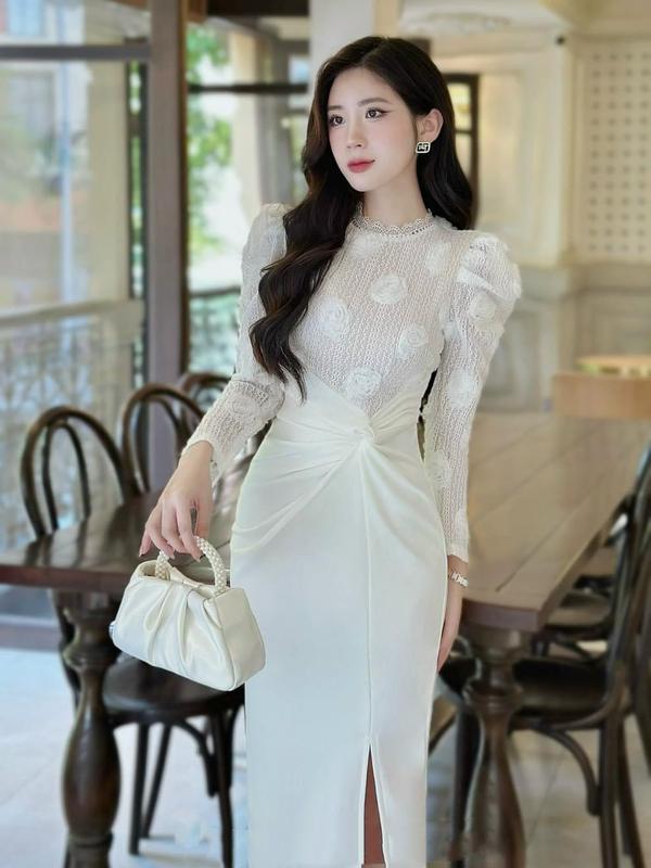  Đầm body mix hoa hồng đi tiệc sang trọng A517 chất umi co giãn phối lưới ren hoa hồng dáng ôm dài xẻ tà trước freesize KimHoa77 Nữ Women Dress 
