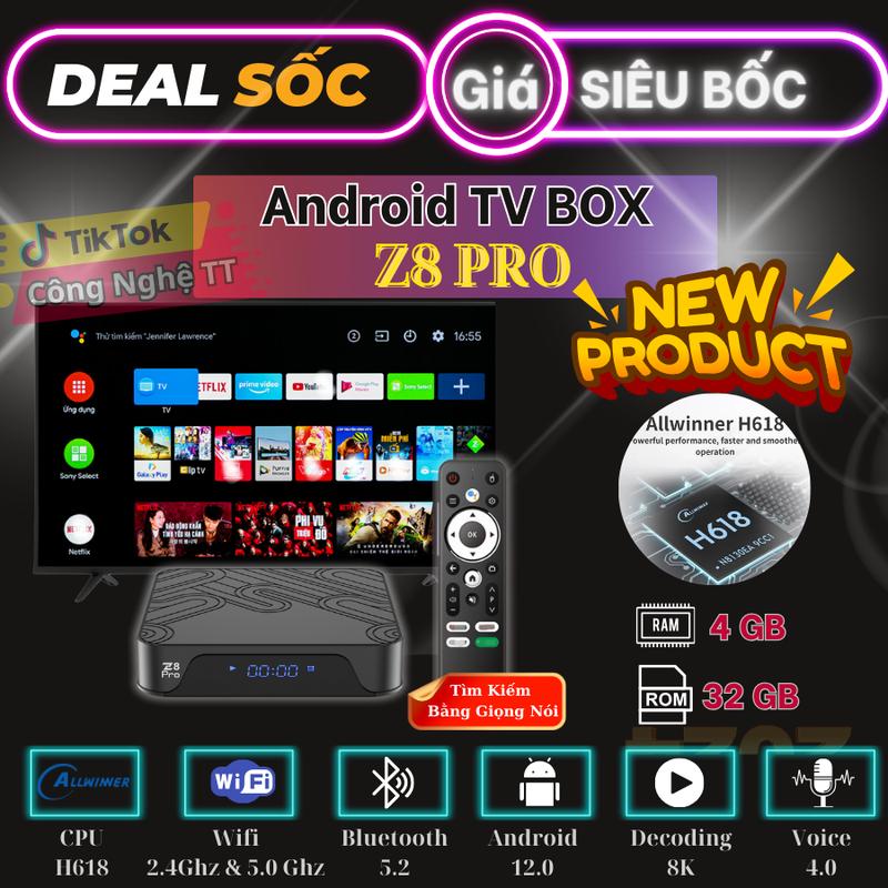 Android Tivi Box Z8 Pro - Ram 4G/32G - Bluetooth - Remote Tìm Kiếm Giọng Nói Hỗ Trợ Điều Khiển Tivi