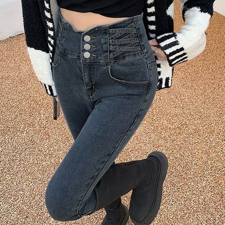 Super High Waist Jeans for Women Autumn and Winter 2022 New Slimming Versatile Fashion Pencil All-Match Skinny Pants Bottom Lingerie Trouser Lady Streetwear Denim Pocket Basic Womenswear Comfort