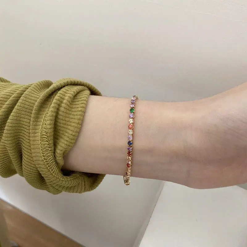 New Fashion Minority Design Retro Colorful Crystals Bracelet Women's High Sense Temperament Entry Lux Versatile Multi-Color Full Diamond Bracelet