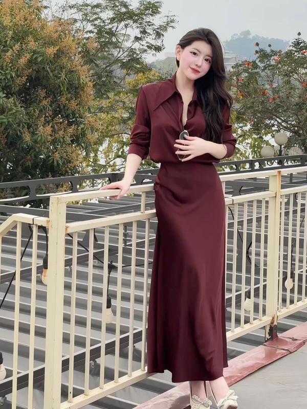 Set lụa Tô Châu X78 (áo + chân váy)  áo sơ mi phối chân váy cá dài 2