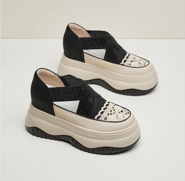 Giày phối ren độn đế cao 8,5cm thiết kế thoáng khí đế xuồng êm ái [Lùi 1 size] - JB45 giày thể thao nữ Sneaker Shoes