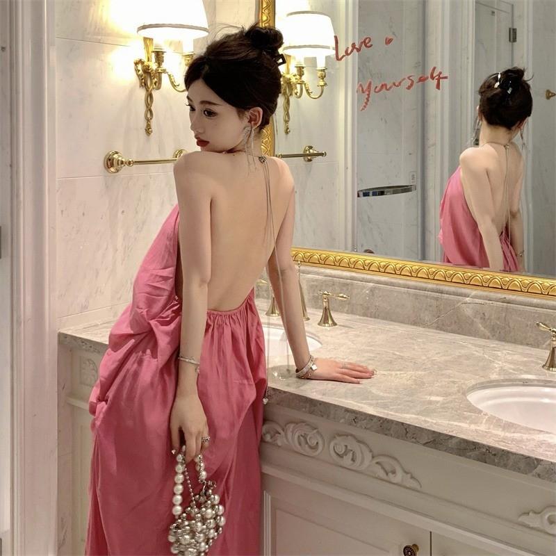 Váy Hai Dây Cổ Yếm Hở Lưng Màu Hồng, Phong Cách Ngày Lễ, Váy Mùa Hè Cho Nữ, Váy Dài, Khí Chất Đẹp, Ins 2