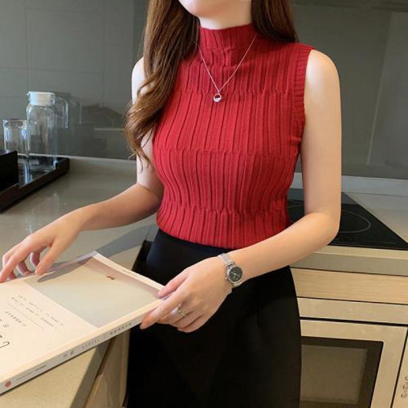  Áo Ba Lỗ Dệt Kim Cổ Lọ Nửa Thời Trang Dành Cho Phụ Nữ Trang Phục Mùa Hè Phong Cách Thường Ngày Màu Trơn Áo Vest Không Tay 