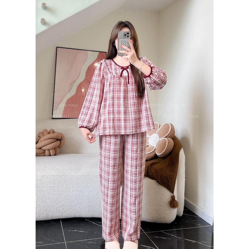  BAE MALI - Bộ mặc nhà kẻ babydoll dáng dài 