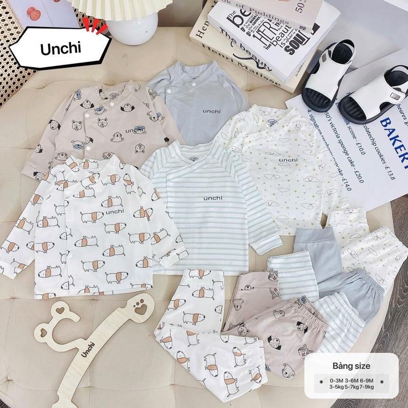 Bộ quần áo dài tay Unchi petit lệch mềm mại co giãn cho bé sơ sinh 0-9m[ LỆCH HOẠ TIẾT]