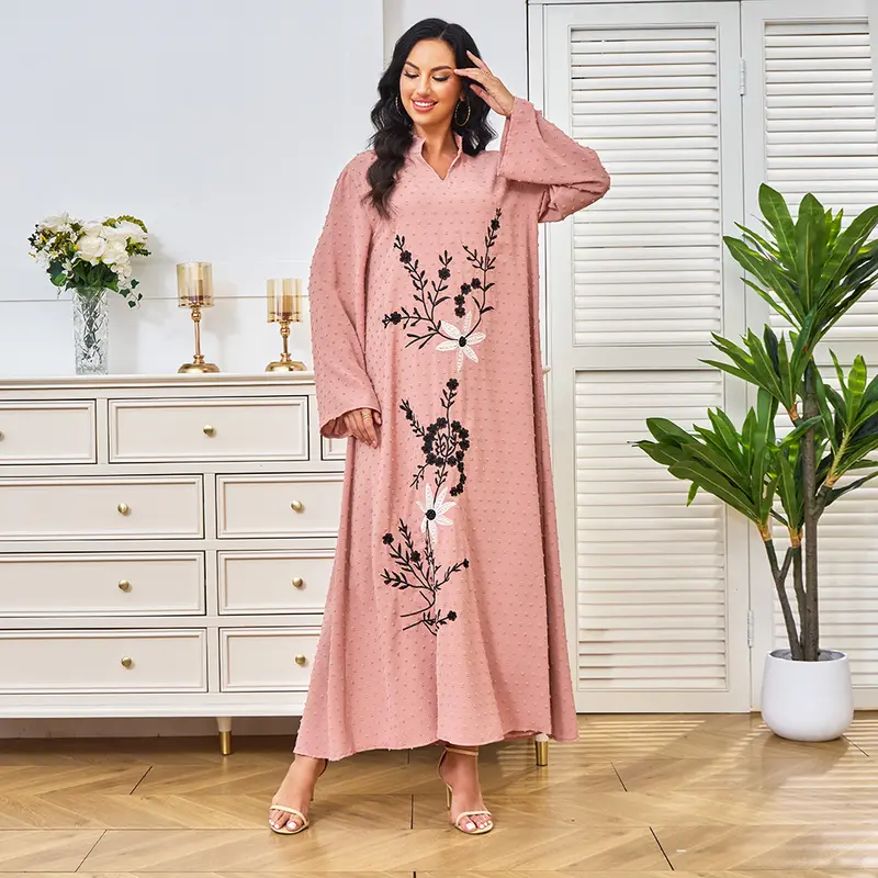 2025 Middle East Dubai Women's Robe Autumn New Arrival Embroidery Beads Pink Abaya Dress Dress 1
