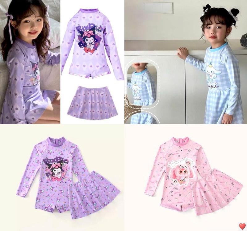 [MinMinKid2] (13-40kg) ĐỒ BƠI, BIKINI LIỀN QUẦN TAY DÀI KÈM VÁY RỜI HOẠ TIẾT KUROMI, CINAMOL, BABY THREE XINH XẮN CHO BÉ GÁI DIỆN ĐI BIỂN, ĐI BƠI