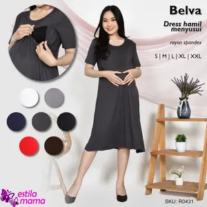 (Belva) Dress hamil menyusui midi pendek “Estila Mama” katun/rayon spandex Merah/Abu/Putih/Biru/Hitam S/M/L/XL/XXL